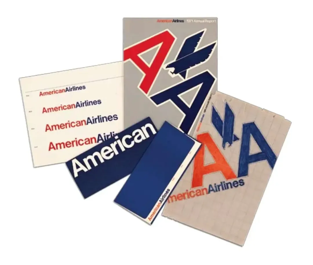 Papelería corporativa de American Airlines, 1967. Imagen: The Vignelli Canon. creatyum-media-massimo-vignelli-americanairlines-brand-1967