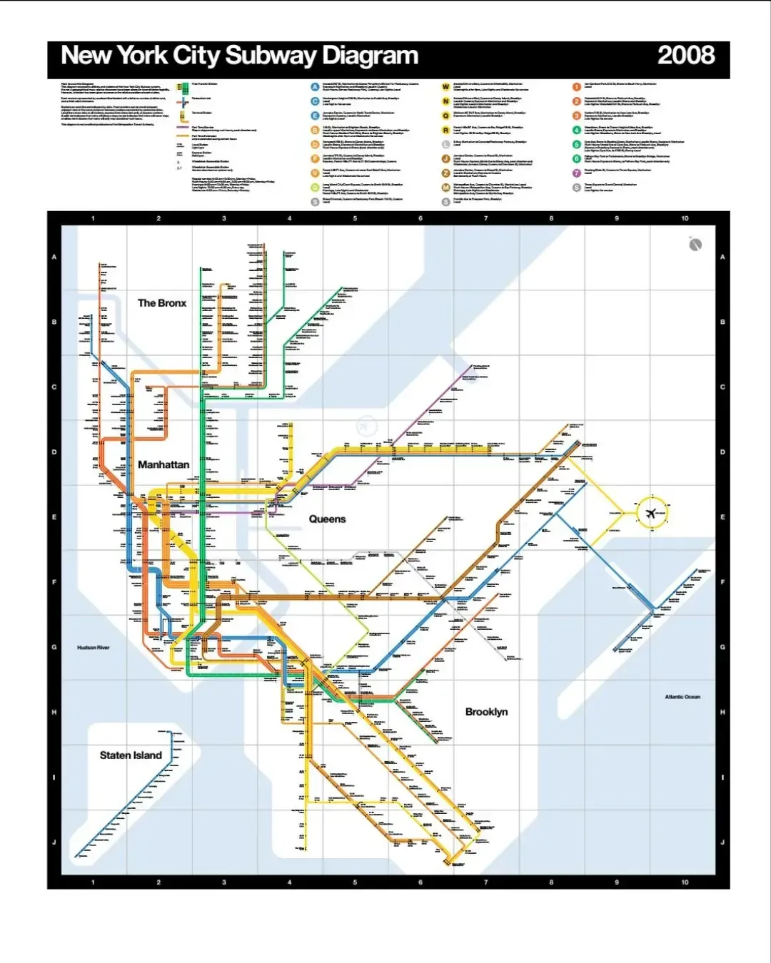 Diagrama del metro de NYC, revisión 2008. Imagen: The Vignelli Canon. creatyum-media-massimo-vignelli-nyc-subway-diagram-2008